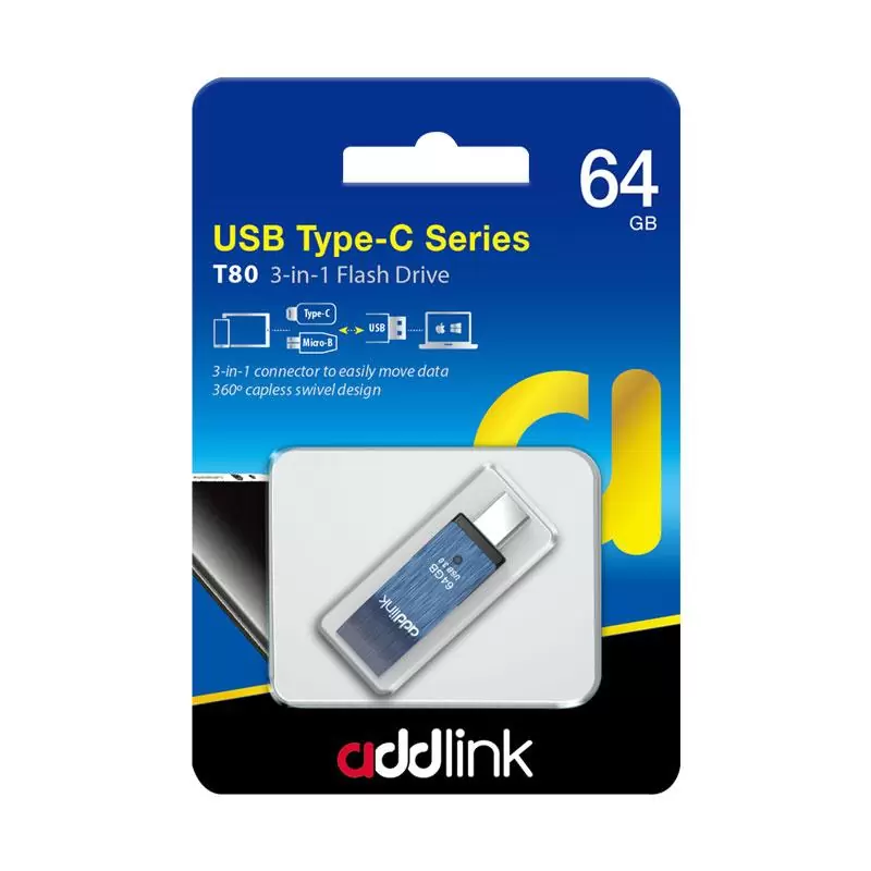 matshop.gr - ADDLINK USB FLASH DRIVE 64GB T80 3in1 USB 3 OTG MICRO USB+TYPE C ad64GBT80B3 BLUE