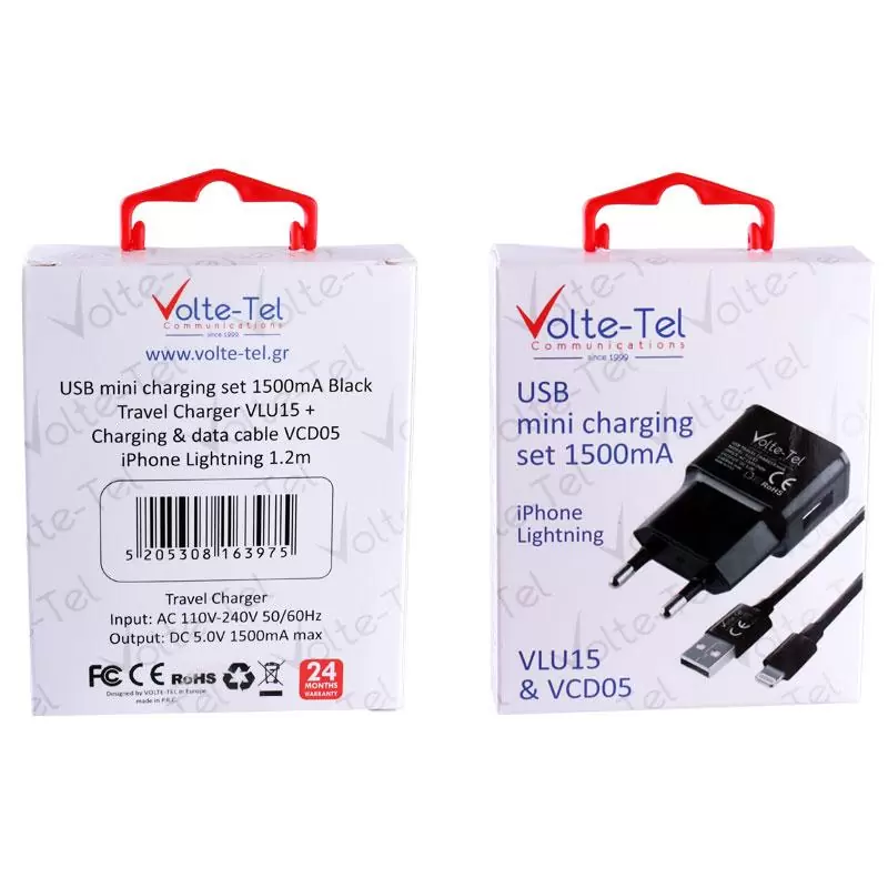 matshop.gr - VOLTE-TEL LIGHTNING (ΦΟΡΤΙΣΗΣ-DATA VCD05+TRAVEL VLU15 1500mA) BLACK