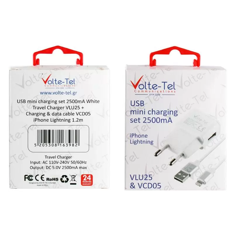 matshop.gr - VOLTE-TEL LIGHTNING (ΦΟΡΤΙΣΗΣ-DATA VCD05+TRAVEL VLU25 2500mA) WHITE