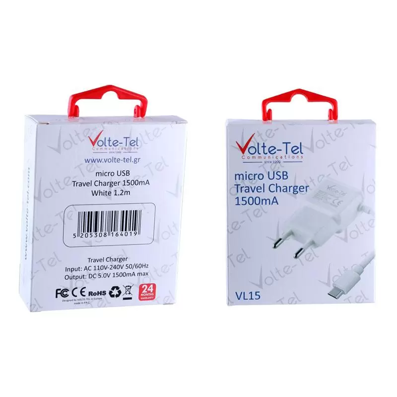 matshop.gr - VOLTE-TEL MICRO USB TRAVEL VL15 1500mA 1.2m WHITE