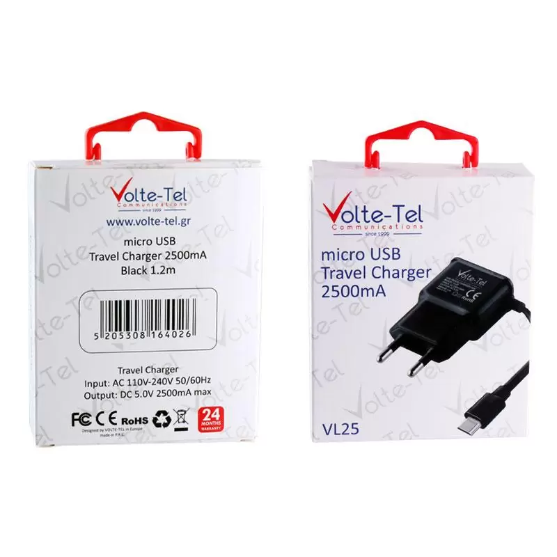 matshop.gr - VOLTE-TEL MICRO USB TRAVEL VL25 2500mA 1.2m BLACK