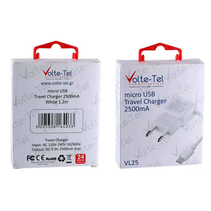 matshop.gr - VOLTE-TEL MICRO USB TRAVEL VL25 2500mA 1.2m WHITE