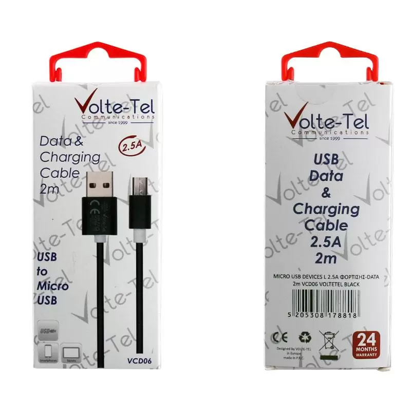 matshop.gr - MICRO USB DEVICES LONG USB 2.5A ALUMINIUM ΦΟΡΤΙΣΗΣ-DATA 2m VCD06 BLACK VOLTE-TEL