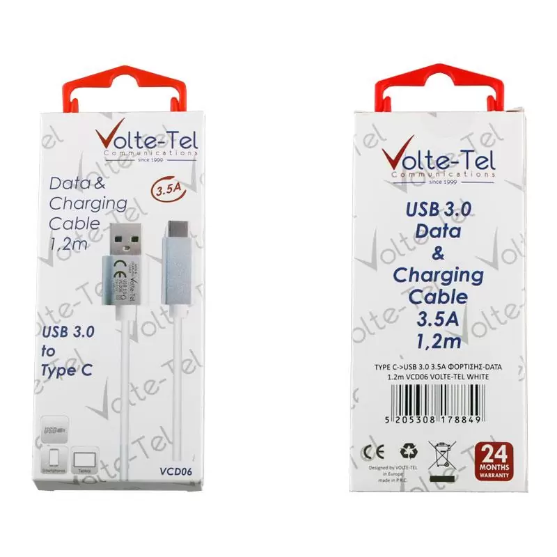 matshop.gr - VOLTE-TEL TYPE C->USB 3.0 ALUMINIUM 3.5A ΦΟΡΤΙΣΗΣ-DATA 1.2m VCD06 WHITE