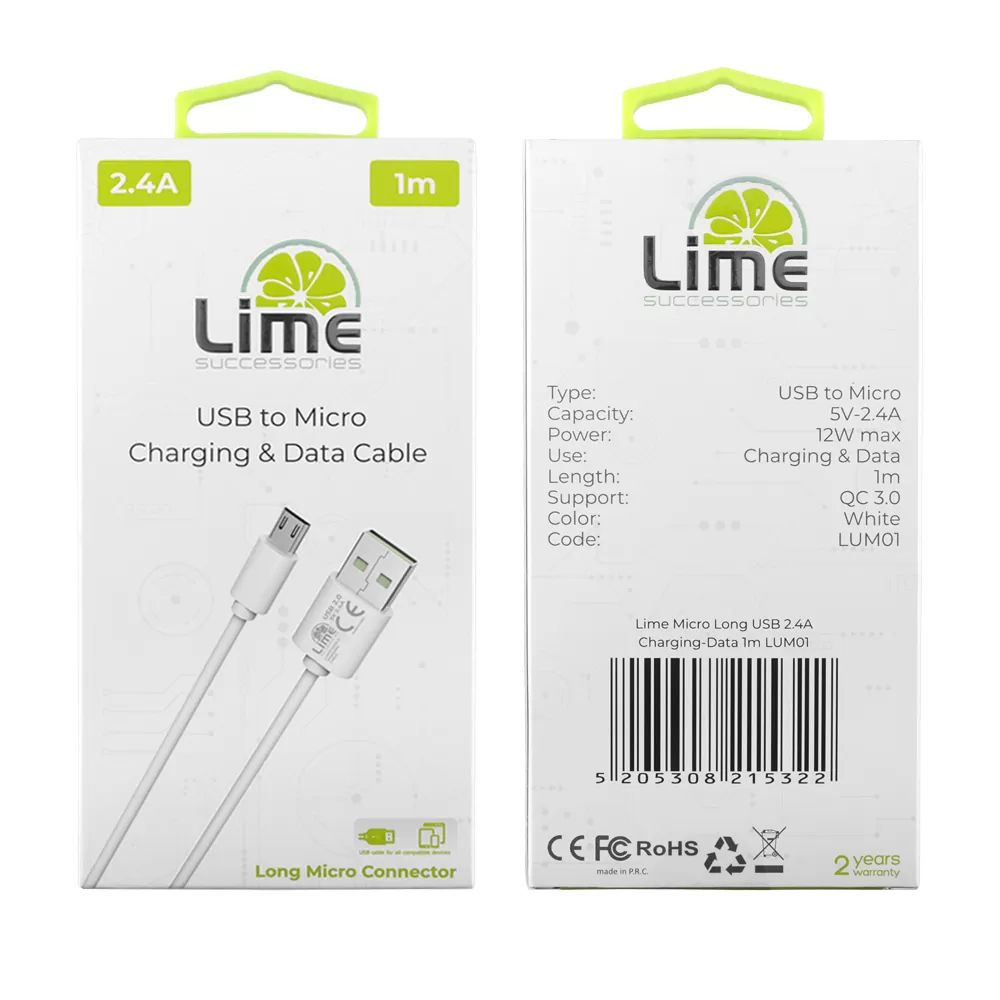 LIME MICRO USB DEVICES LONG USB 2.4A ΦΟΡΤΙΣΗΣ-DATA 1m LUM01 WHITE