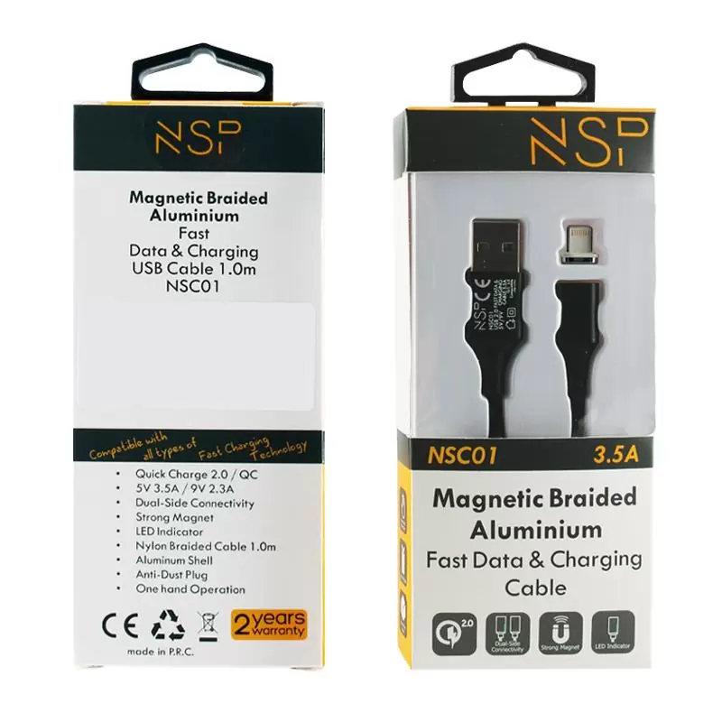 matshop.gr - NSP LIGHTNING USB ΦΟΡΤΙΣΗΣ-DATA MAGNETIC BRAIDED NSC01 3.5A QC 2.0 1m BLACK