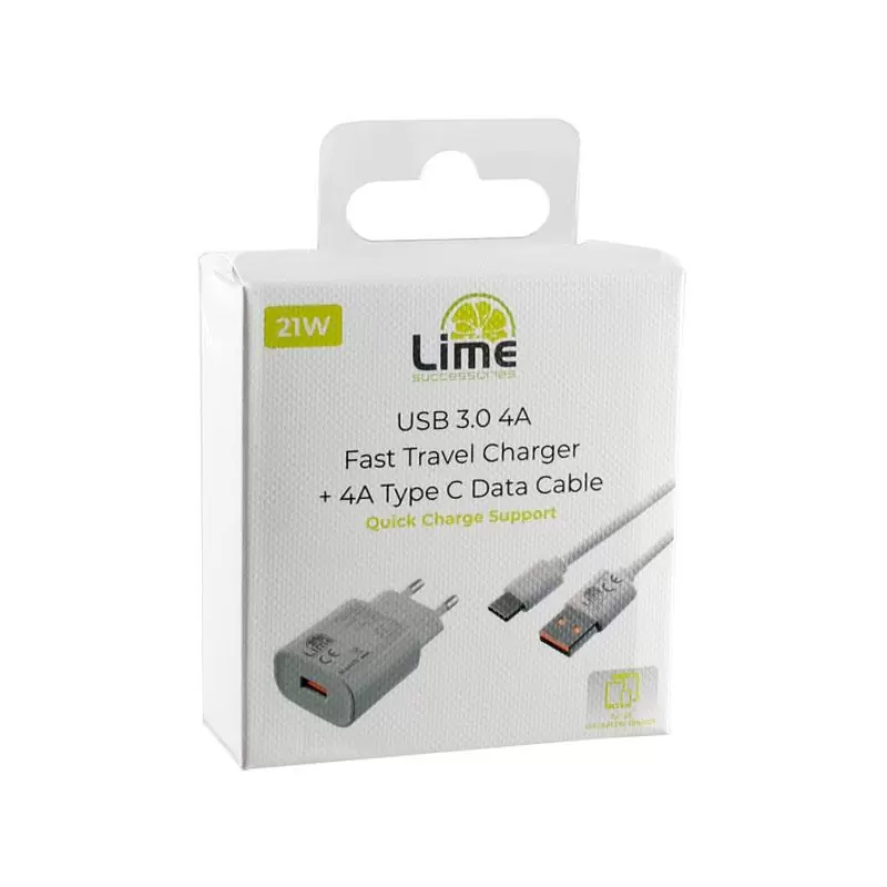 matshop.gr - LIME USB 3.0 PD FAST TRAVEL QC 3.0 LTU24 21W 4000mA + ΦΟΡΤΙΣΗΣ-DATA L14 TYPE C WHITE
