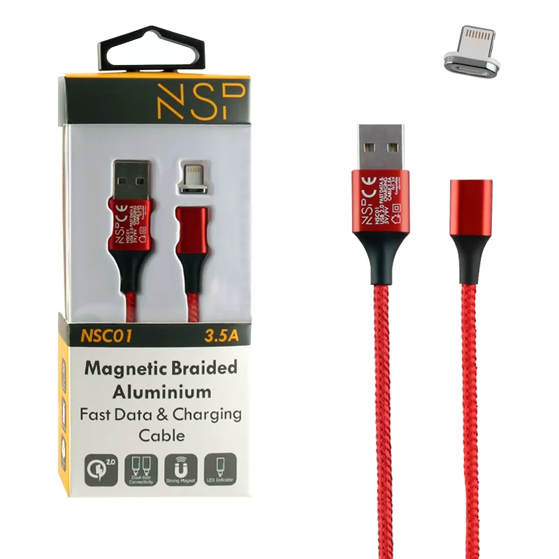 matshop.gr - NSP LIGHTNING USB ΦΟΡΤΙΣΗΣ-DATA MAGNETIC BRAIDED NSC01 3.5A QC 2.0 1m RED