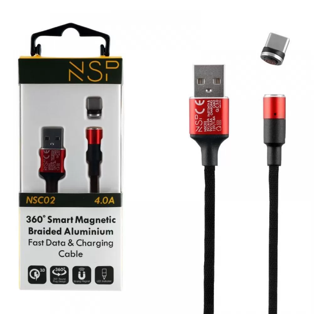 matshop.gr - NSP TYPE C USB ΦΟΡΤΙΣΗΣ-DATA MAGNETIC BRAIDED NSC02 4.0A QC 3.0 1.2m RED