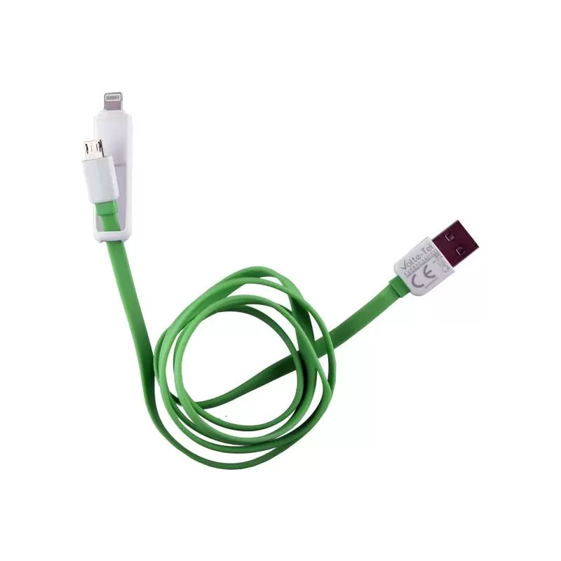 matshop.gr - VOLTE-TEL USB 2in1 FLAT 2.1A ΦΟΡΤ-DATA 1m MICRO USB+LIGHTNING GREEN