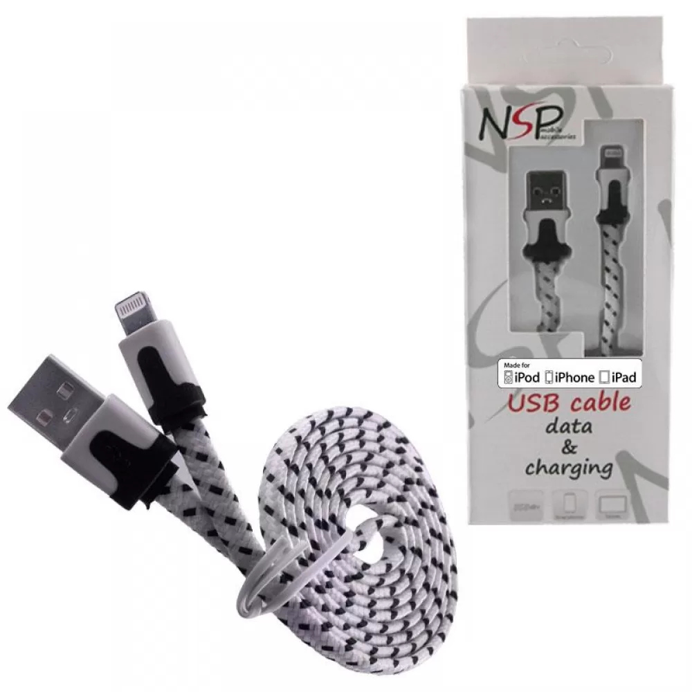 matshop.gr - NSP IPHONE 5 FLAT BRAIDED 6mm USB 2.1A ΦΟΡΤ.-DATA 1m WHITE iOS10