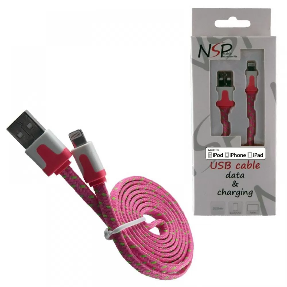 matshop.gr - NSP LIGHTNING FLAT BRAIDED 6mm USB 2.1A ΦΟΡΤ.-DATA 1m PINK iOS11