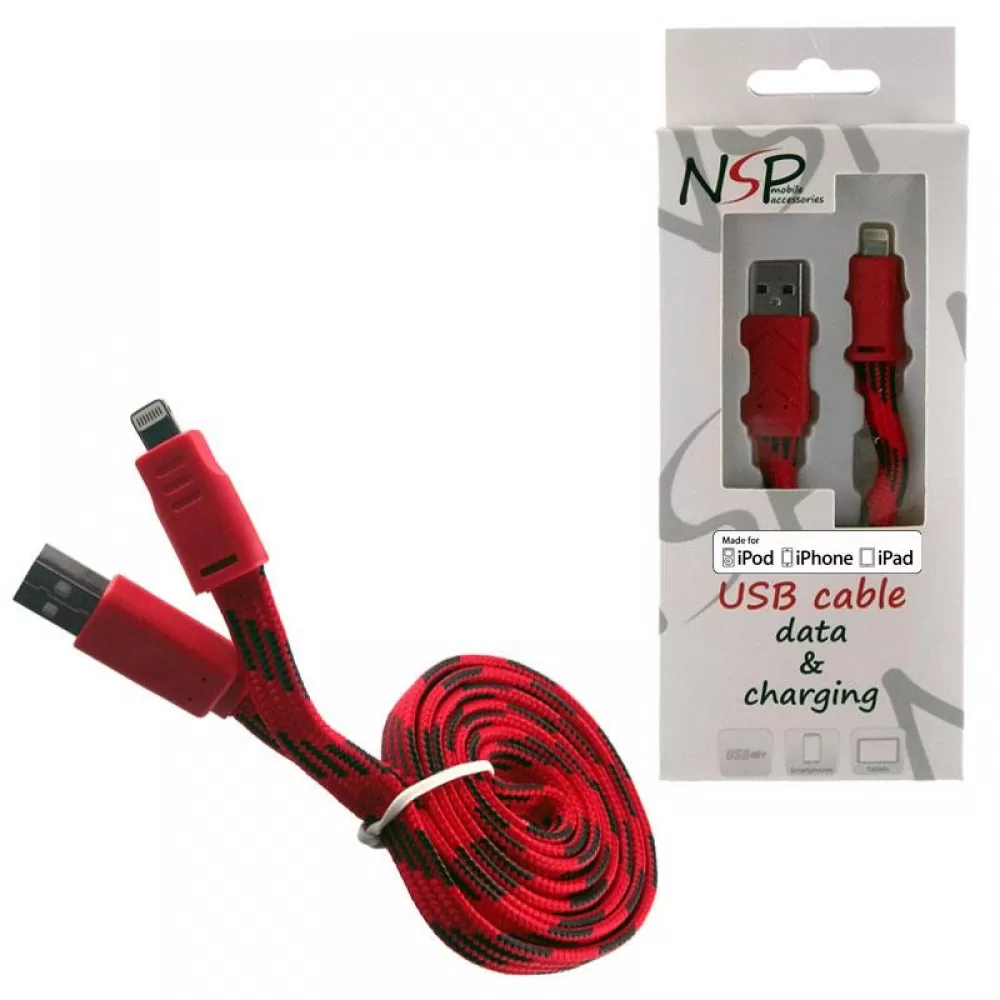 matshop.gr - NSP LIGHTNING FLAT BRAIDED 10mm USB 2.1A ΦΟΡΤ.-DATA 1m RED iOS10