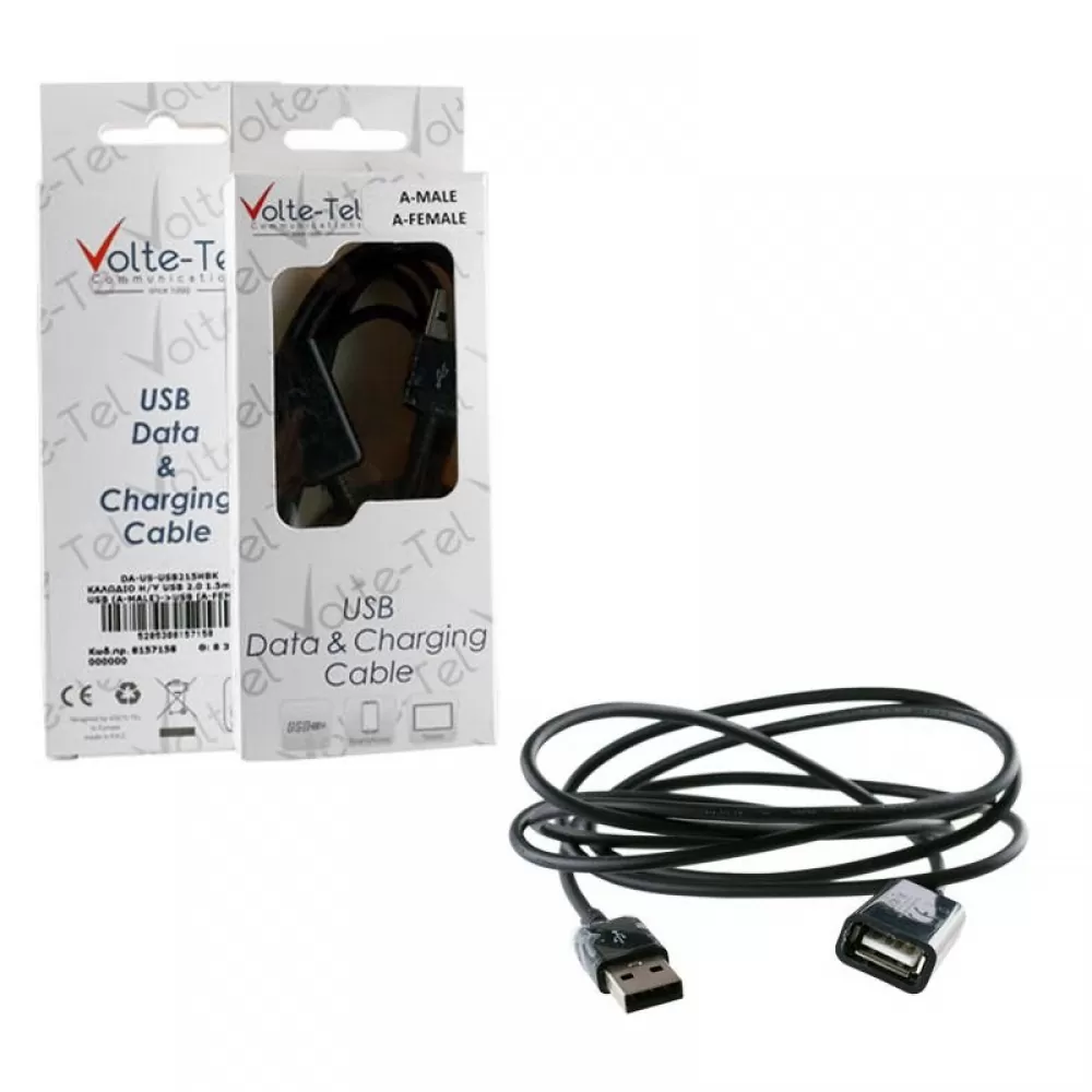 matshop.gr - VOLTE-TEL ΚΑΛΩΔΙΟ Η/Υ USB (A-MALE)->USB (A-FEMALE)USB2.0 2.1A 1.5m BLACK