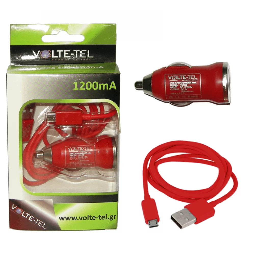 matshop.gr - VOLTE-TEL MICRO USB(ΦΟΡΤΙΣΗΣ-DATA VCD01+ΦΟΡΤΙΣΤΗΣ ΑΥΤΟΚΙΝΗΤΟΥ VCU09 1200mA) RED