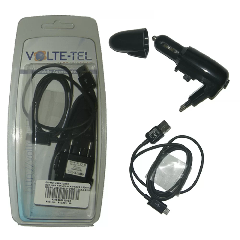 matshop.gr - VOLTE-TEL MICRO USB (USB DUO TRAVEL-ΦΟΡΤΙΣΤΗΣ ΑΥΤΟΚΙΝΗΤΟΥ VTDU2 1500mA+VCD01 ΦΟΡΤΙΣΗΣ-DATA) BLACK