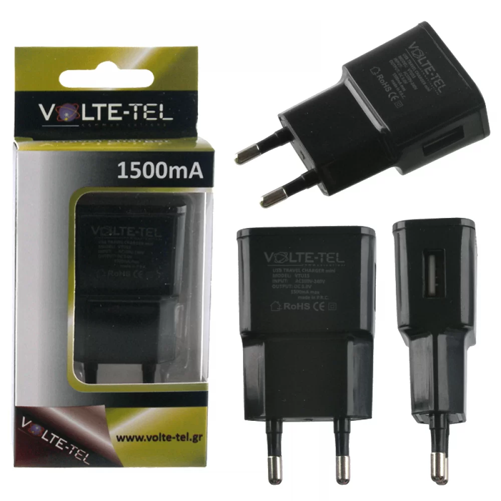 matshop.gr - VOLTE-TEL USB TRAVEL CHARGER mini VTU15 1500mA BLACK