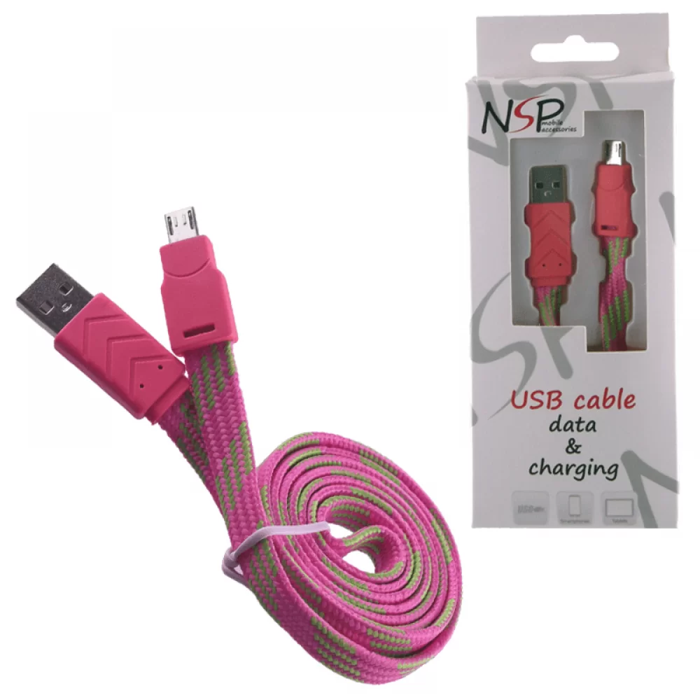 matshop.gr - NSP MICRO USB FLAT BRAIDED 10mm USB 2.1A ΦΟΡΤ.-DATA 1m PINK