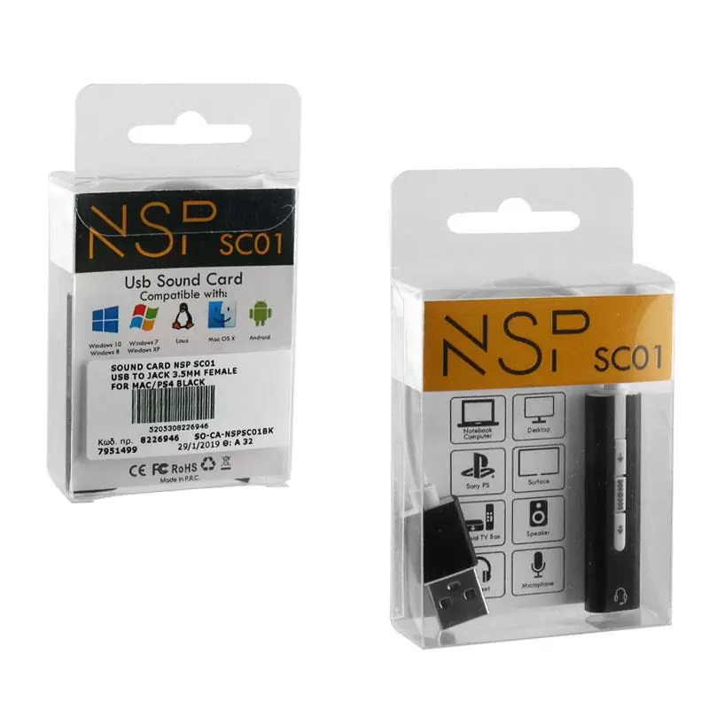 matshop.gr - NSP SOUND CARD SC01 USB TO JACK 3.5MM FEMALE FOR MAC/PS4 BLACK