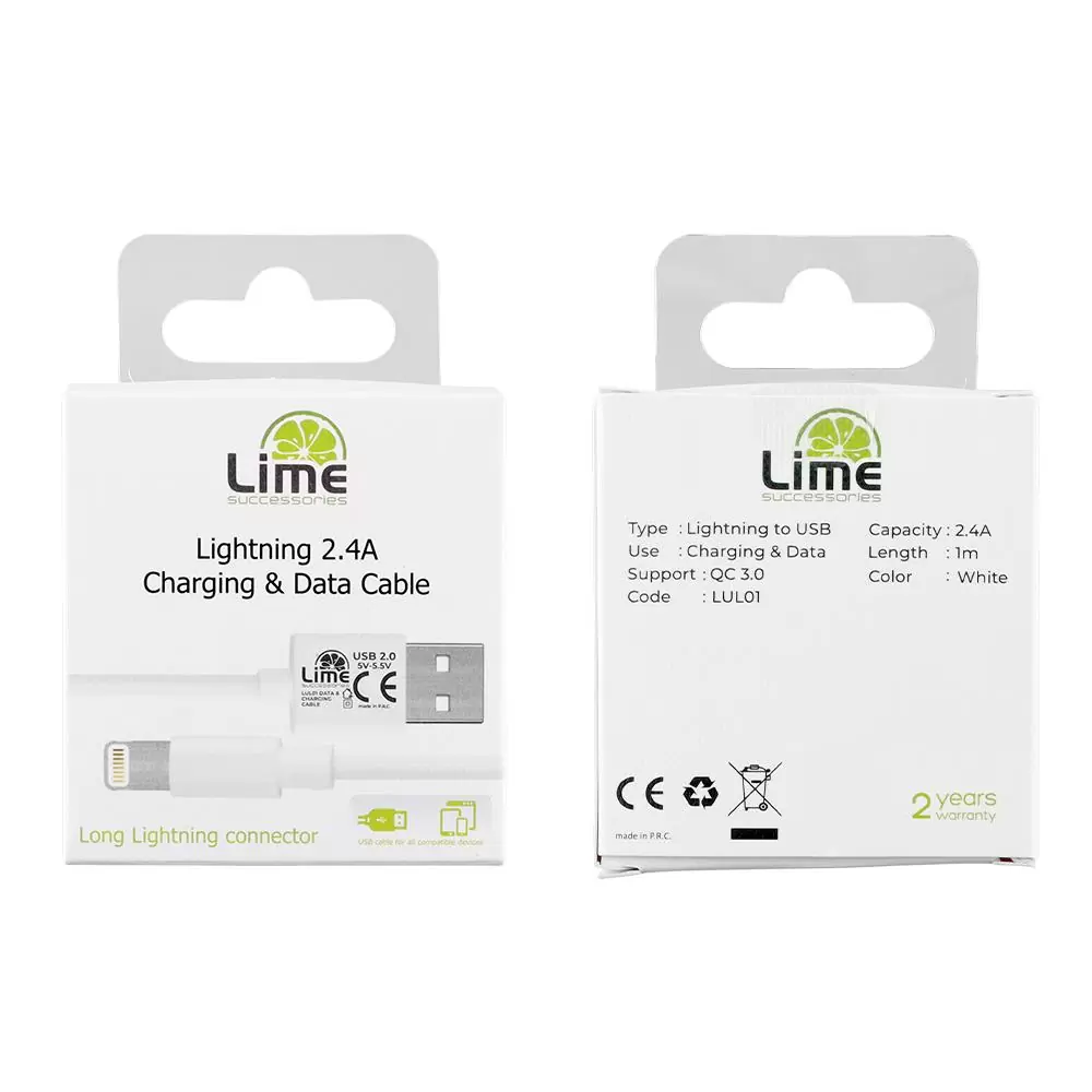 matshop.gr - LIME LIGHTNING LONG USB 2.4A ΦΟΡΤΙΣΗΣ-DATA 1m LUL01 WHITE