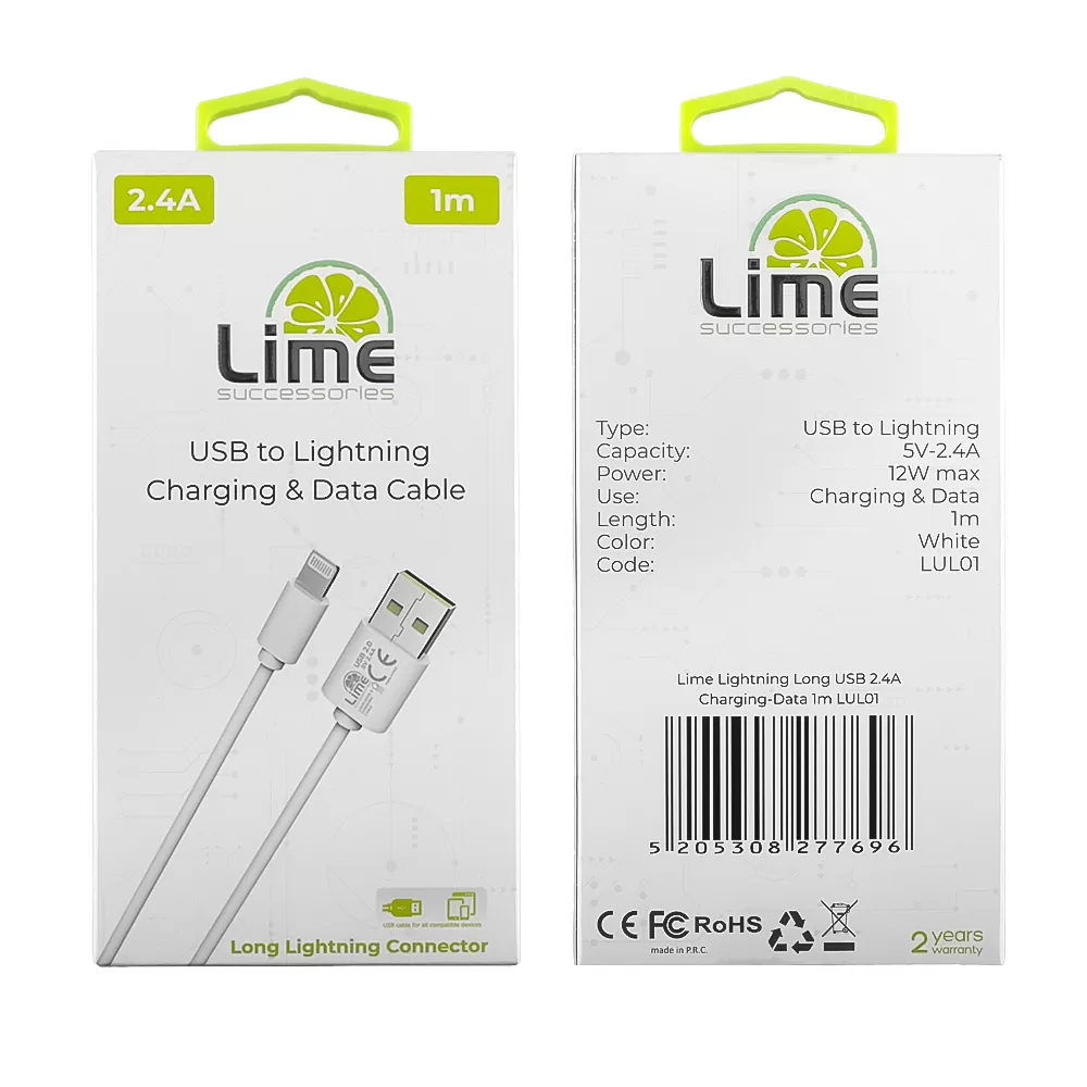 LIME LIGHTNING LONG USB 2.4A ΦΟΡΤΙΣΗΣ-DATA 1m LUL01 WHITE