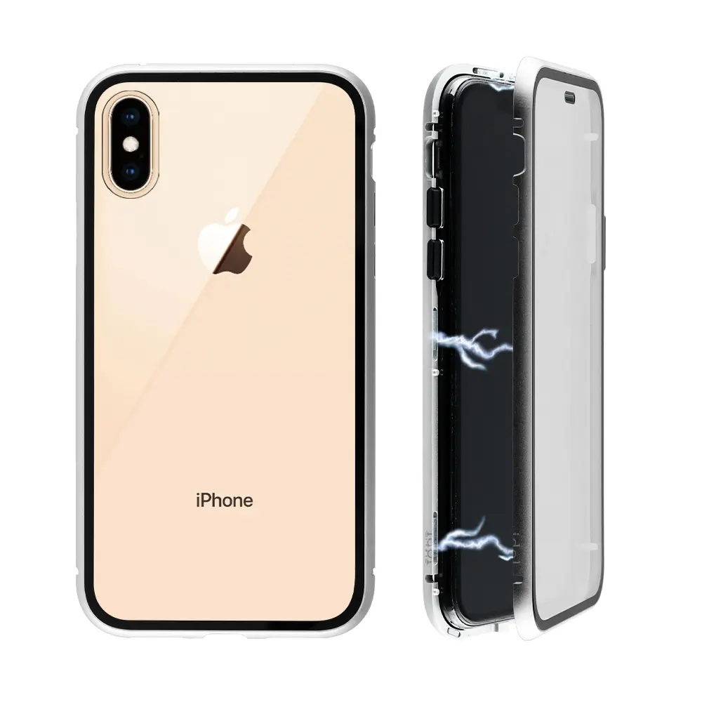 matshop.gr - IDOL 1991 ΘΗΚΗ IPHONE XS/X 5.8" MAGNETIC METAL FRAME SILVER+TEMPERED GLASS BACK-FRONT