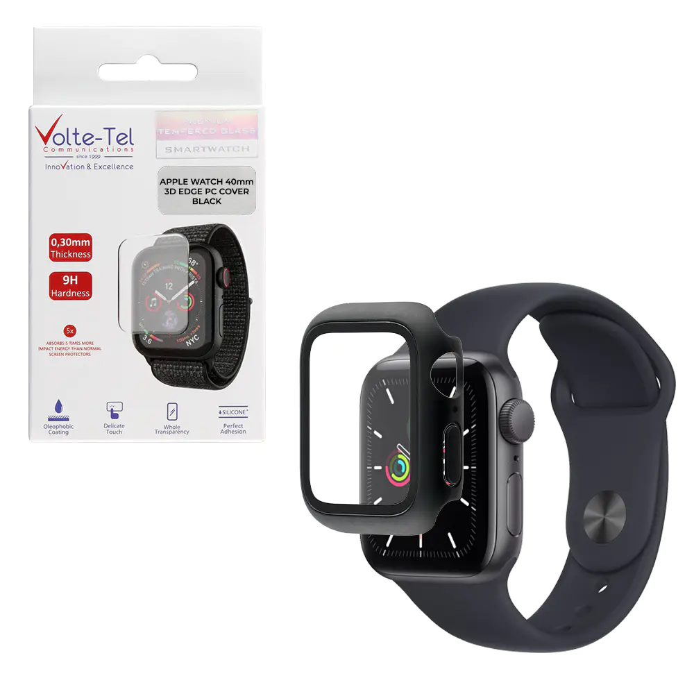 matshop.gr - VOLTE-TEL TEMPERED GLASS APPLE WATCH 40mm 1.57" 9H 0.30mm PC EDGE COVER WITH KEY 3D FULL GLUE FULL COVER BLACK