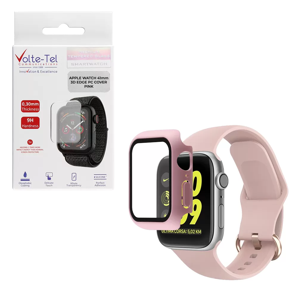 matshop.gr - VOLTE-TEL TEMPERED GLASS APPLE WATCH 41mm 1.69" 9H 0.30mm PC EDGE COVER WITH KEY 3D FULL GLUE FULL COVER PINK