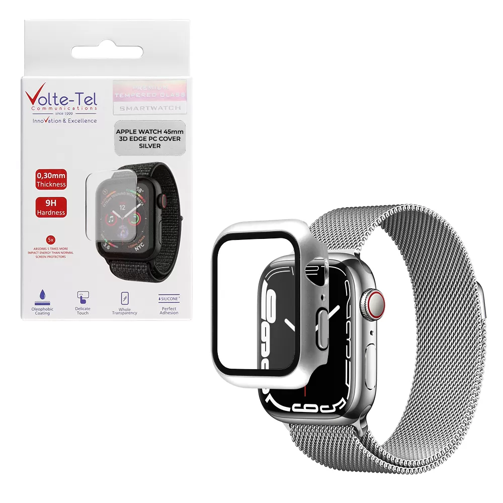 matshop.gr - VOLTE-TEL TEMPERED GLASS APPLE WATCH 45mm 1.78" 9H 0.30mm PC EDGE COVER WITH KEY 3D FULL GLUE FULL COVER SILVER