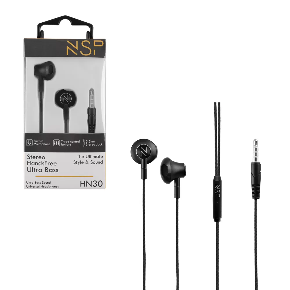 matshop.gr - NSP HANDS FREE STEREO UNIVERSAL 3.5mm 1.2m ULTRA BASS HN30 WITH REMOTE AND MIC BLACK