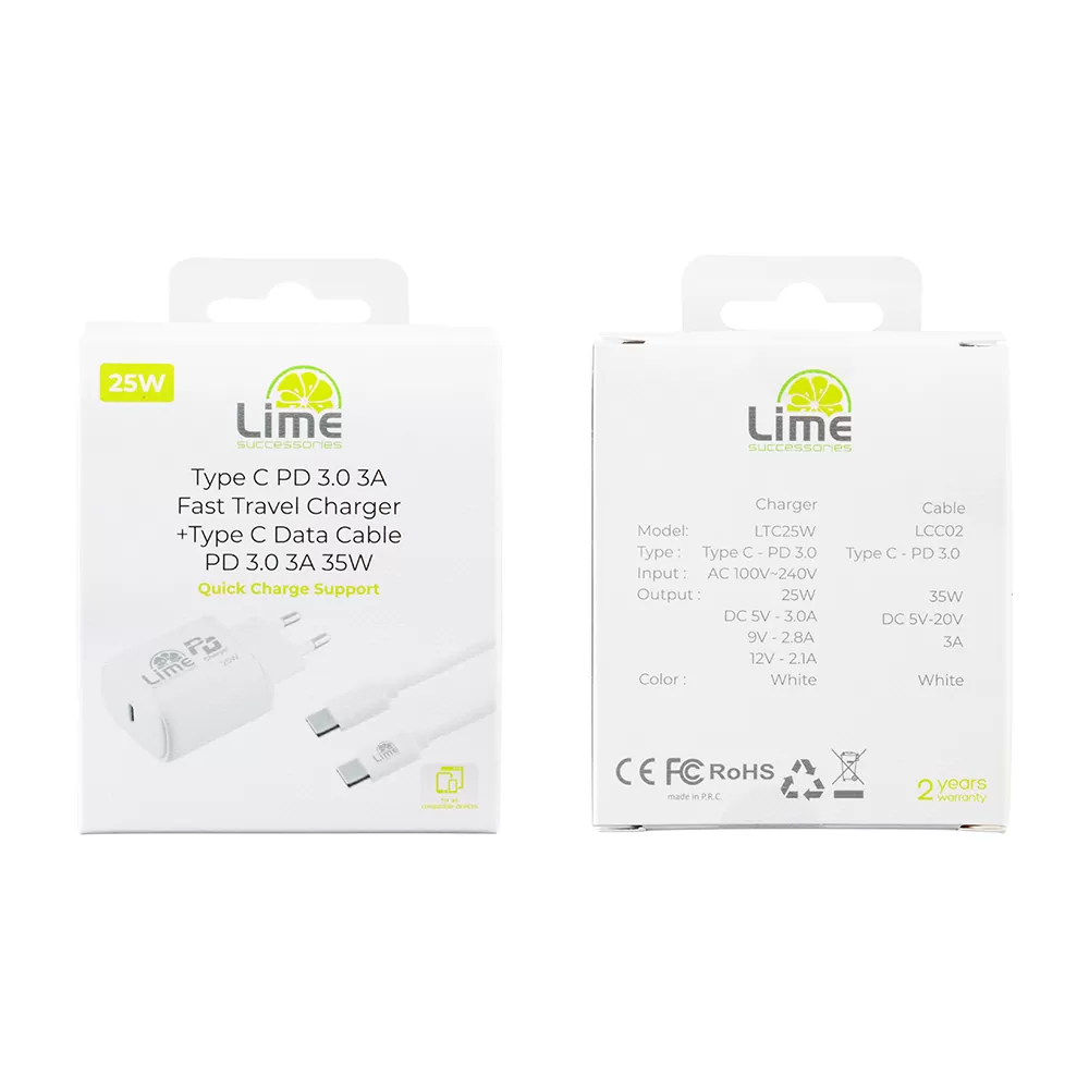 matshop.gr - LIME TYPE C PD 3.0 FAST TRAVEL QC 3.0 LTC25W 25W 3.0A  /9V+ ΦΟΡΤΙΣΗΣ-DATA LCC02 TYPE C TO TYPE C 35W WHITE
