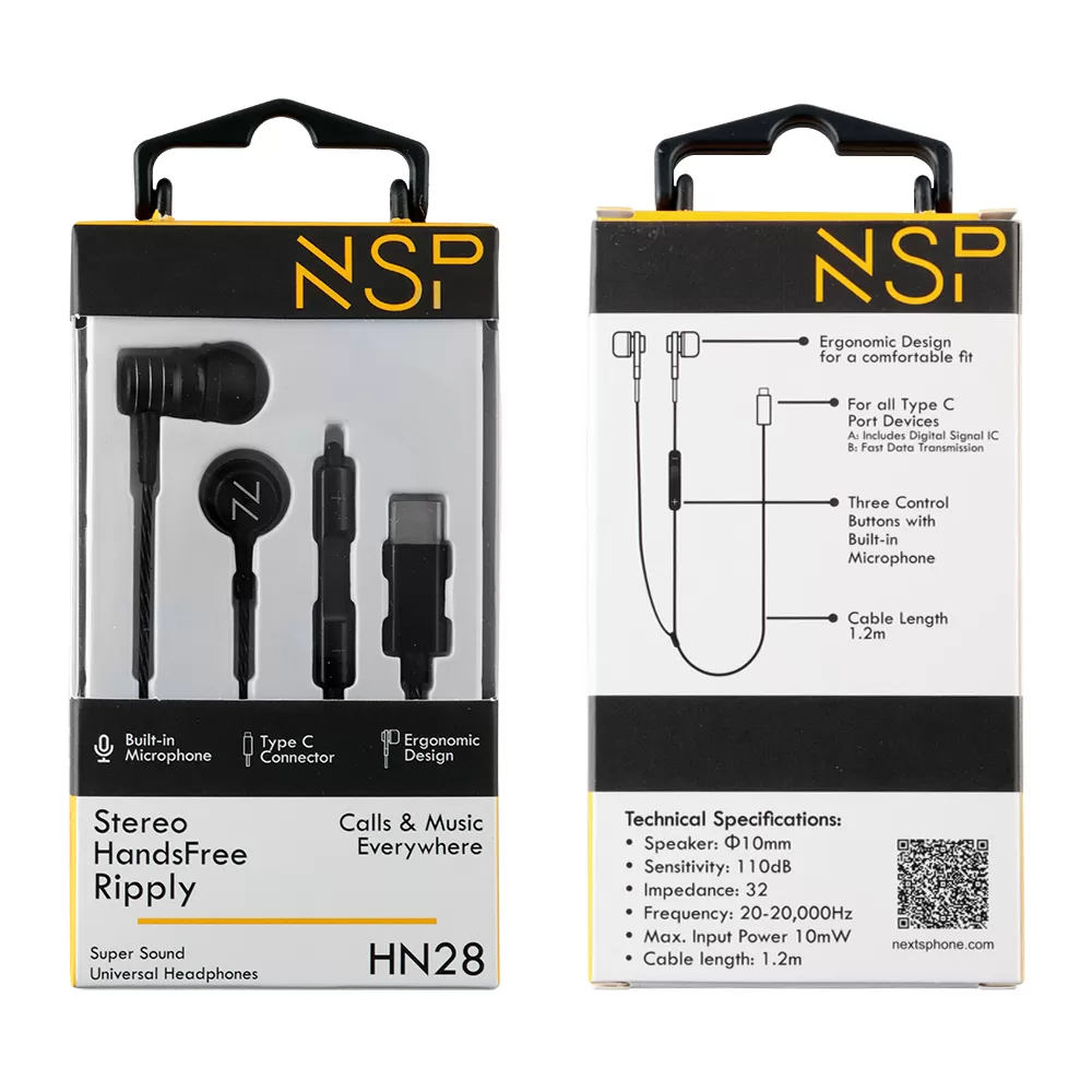 matshop.gr - NSP HANDS FREE STEREO UNIVERSAL TYPE C 1.2m RIPPLY HN28 WITH REMOTE AND MIC BLACK