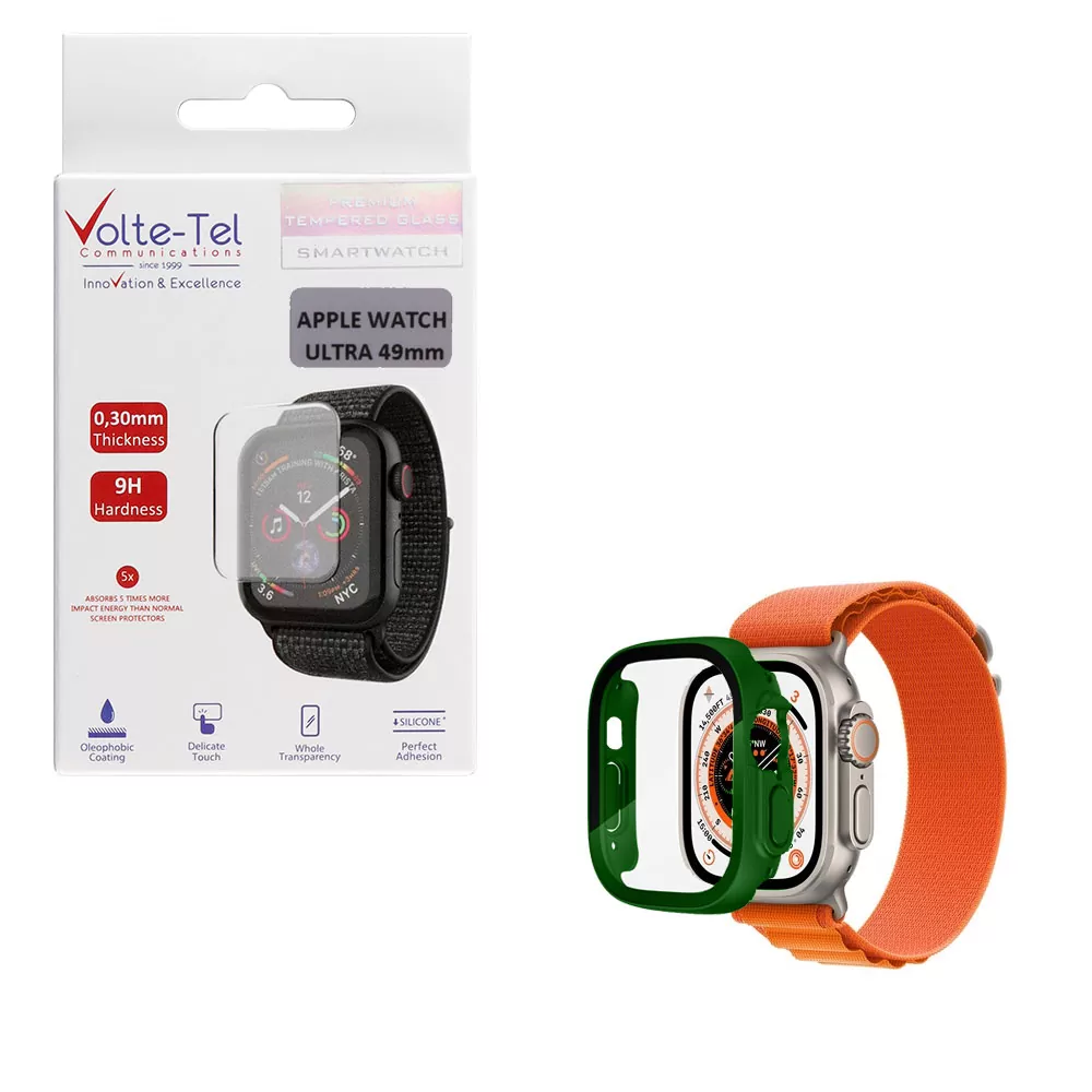 matshop.gr - VOLTE-TEL TEMPERED GLASS APPLE WATCH ULTRA/ULTRA 2 49mm 1.92" 9H 0.30mm PC EDGE COVER WITH KEY 3D FULL GLUE FULL COVER GREEN