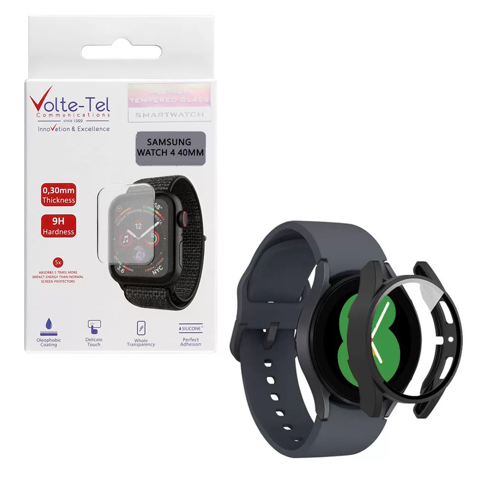 matshop.gr - VOLTE-TEL TEMPERED GLASS SAMSUNG WATCH 4 40mm 1.2" 9H 0.30mm PC EDGE COVER WITH KEY 3D FULL GLUE FULL COVER BLACK