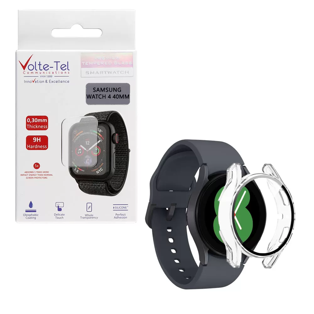 matshop.gr - VOLTE-TEL TEMPERED GLASS SAMSUNG WATCH 4 40mm 1.2" 9H 0.30mm PC EDGE COVER WITH KEY 3D FULL GLUE FULL COVER TRANSPARENT