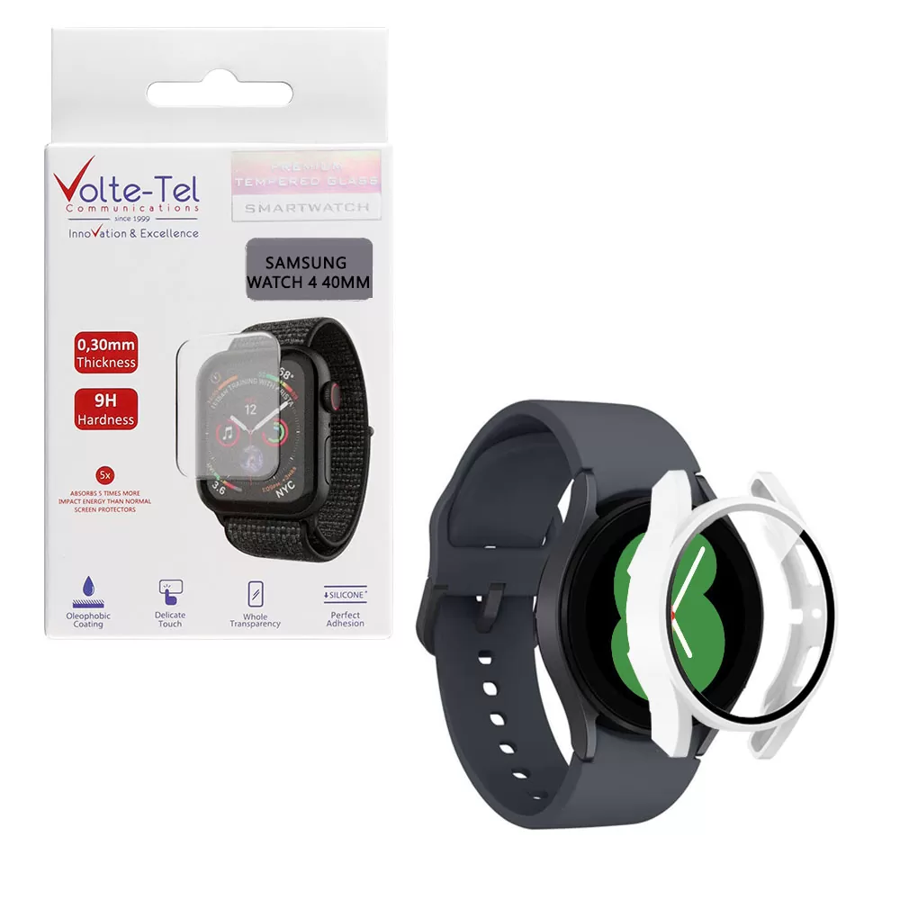 matshop.gr - VOLTE-TEL TEMPERED GLASS SAMSUNG WATCH 4 40mm 1.2" 9H 0.30mm PC EDGE COVER WITH KEY 3D FULL GLUE FULL COVER WHITE