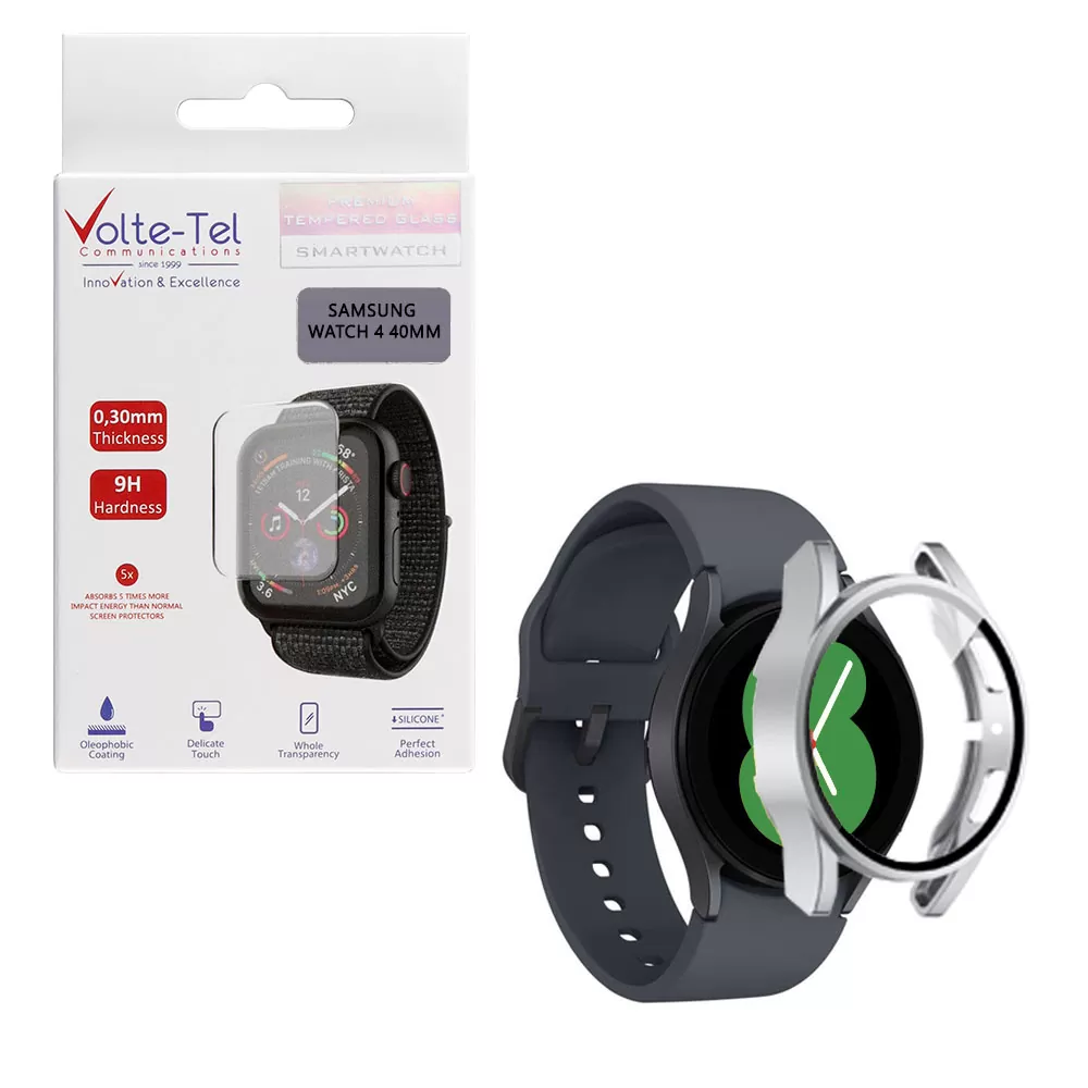 matshop.gr - VOLTE-TEL TEMPERED GLASS SAMSUNG WATCH 4 40mm 1.2" 9H 0.30mm PC EDGE COVER WITH KEY 3D FULL GLUE FULL COVER SILVER