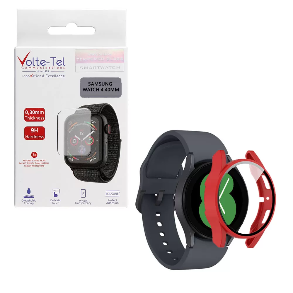 matshop.gr - VOLTE-TEL TEMPERED GLASS SAMSUNG WATCH 4 40mm 1.2" 9H 0.30mm PC EDGE COVER WITH KEY 3D FULL GLUE FULL COVER RED