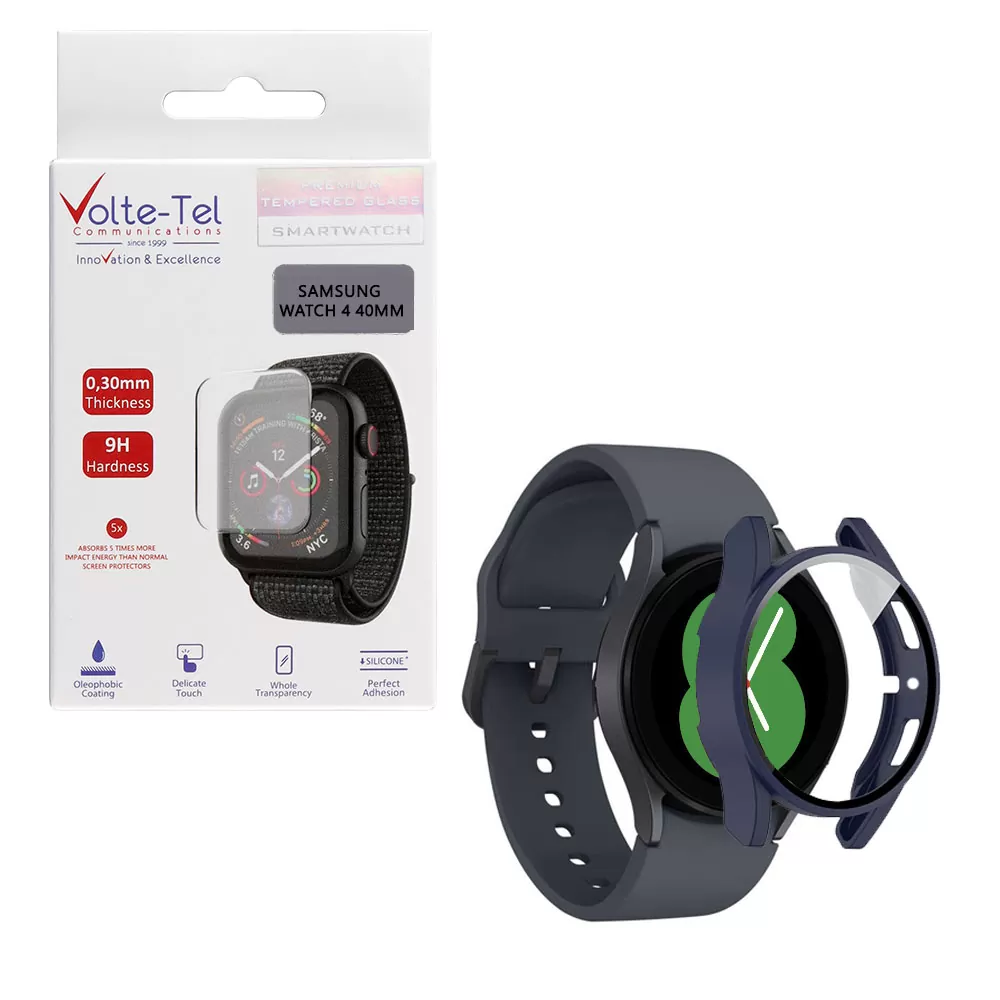matshop.gr - VOLTE-TEL TEMPERED GLASS SAMSUNG WATCH 4 40mm 1.2" 9H 0.30mm PC EDGE COVER WITH KEY 3D FULL GLUE FULL COVER BLUE