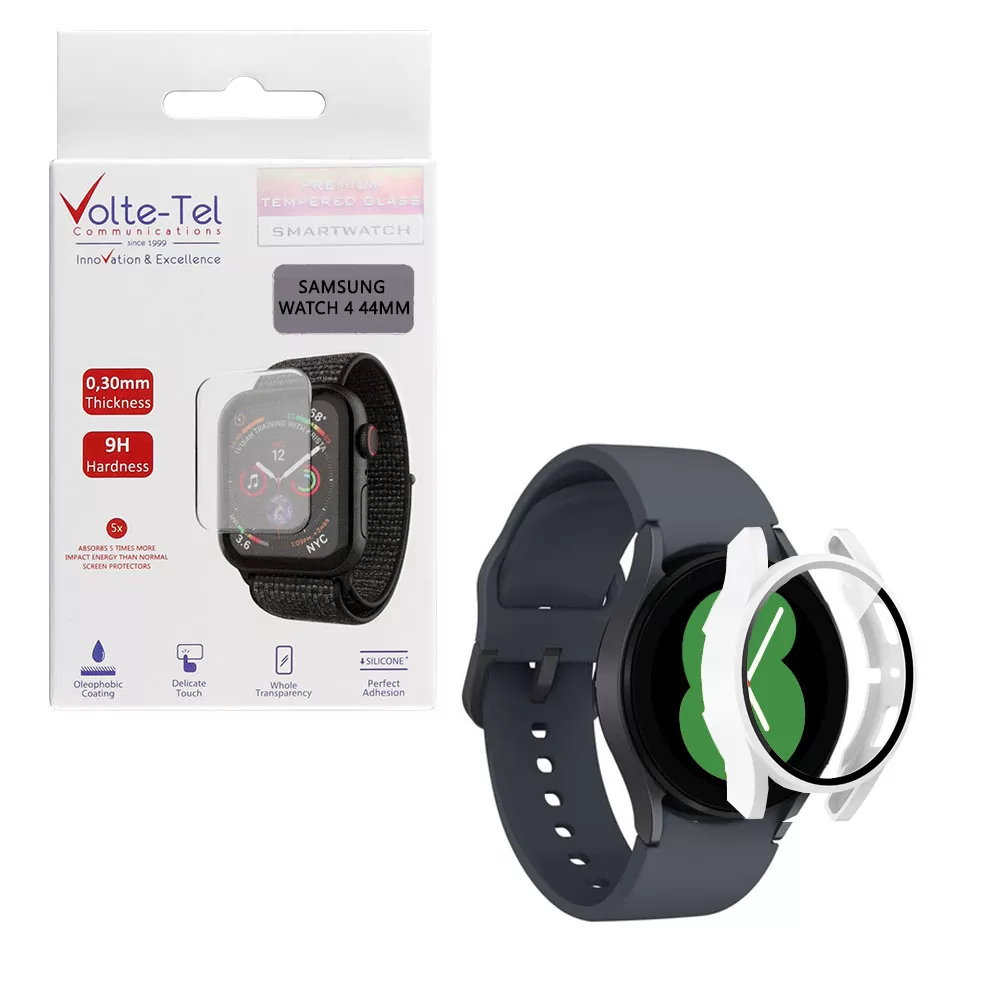 matshop.gr - VOLTE-TEL TEMPERED GLASS SAMSUNG WATCH 4 44mm 1.4" 9H 0.30mm PC EDGE COVER WITH KEY 3D FULL GLUE FULL COVER WHITE