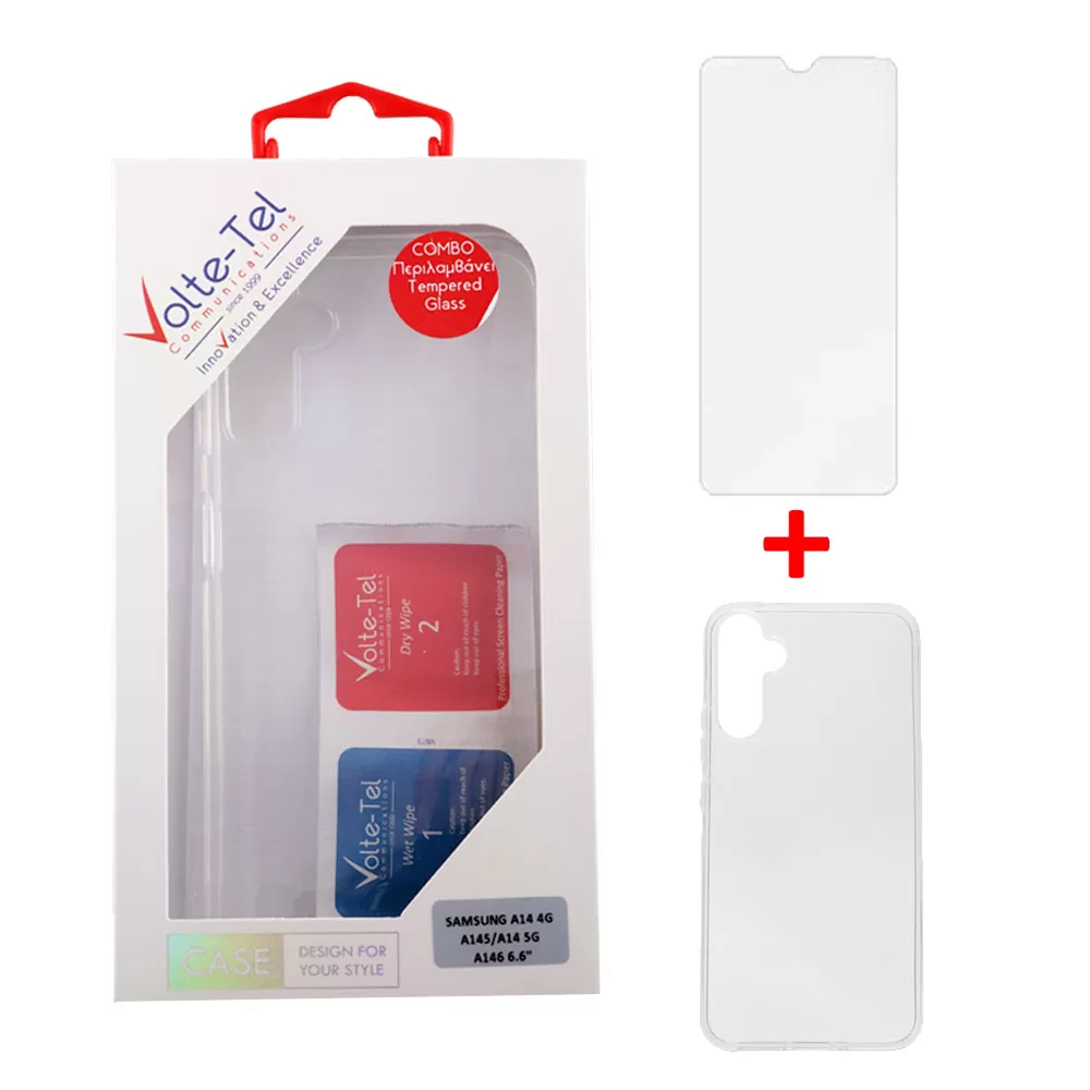 matshop.gr - VOLTE-TEL COMBO SAMSUNG A14 4G A145/A14 5G A146 6.6" TEMPERED 0.30mm + ΘΗΚΗ SLIMCOLOR AIR WHITE