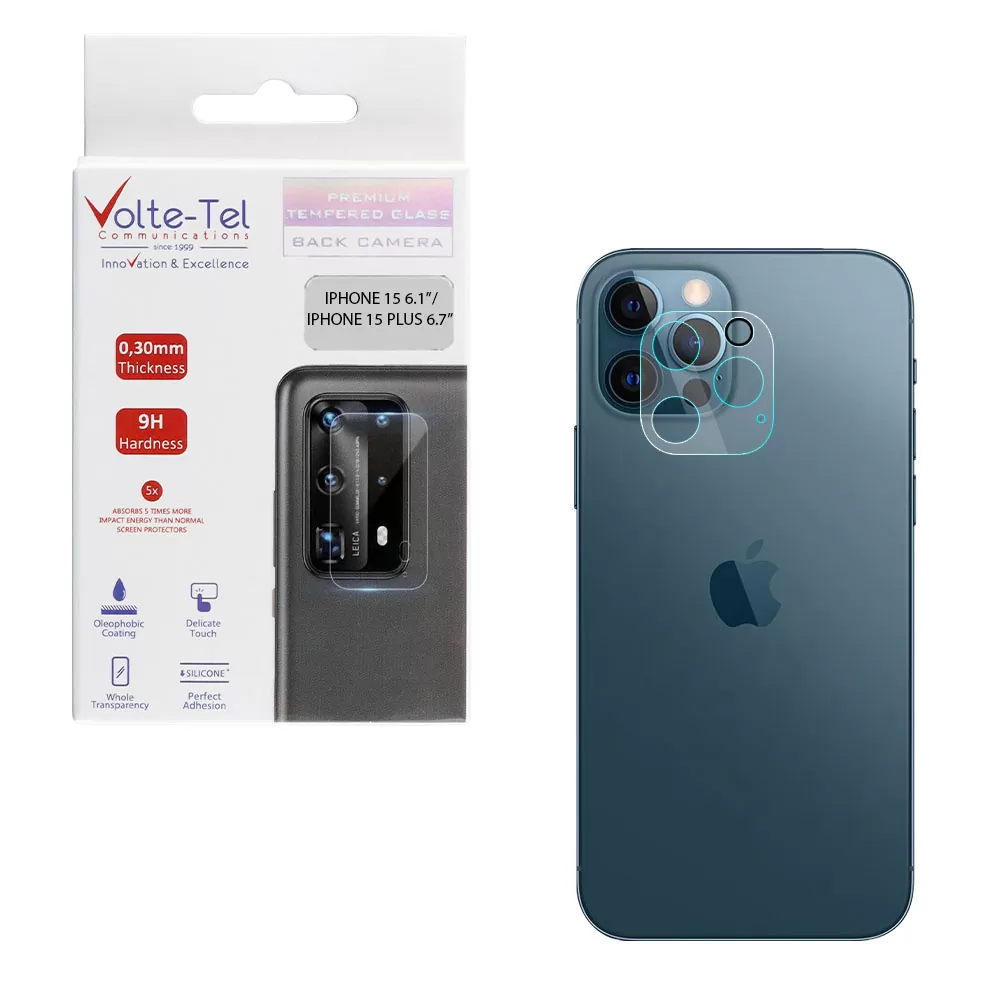 matshop.gr - VOLTE-TEL TEMPERED GLASS IPHONE 15 6.1"/15 PLUS 6.7" 9H 0.25mm 3D CURVED FOR CAMERA TRANSPARENT