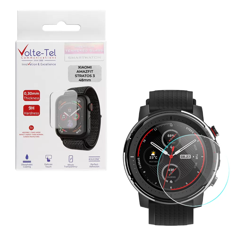 matshop.gr - VOLTE-TEL TEMPERED GLASS XIAOMI AMAZFIT STRATOS 3 48mm 1.34" 9H 0.30mm 2.5D FULL GLUE FULL COVER