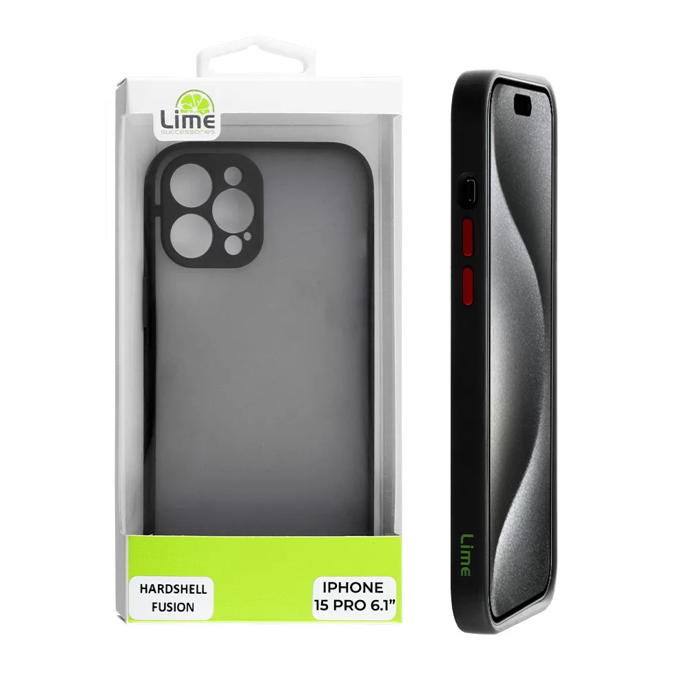 matshop.gr - LIME ΘΗΚΗ IPHONE 15 PRO 6.1" HARDSHELL FUSION FULL CAMERA PROTECTION BLACK WITH RED KEYS