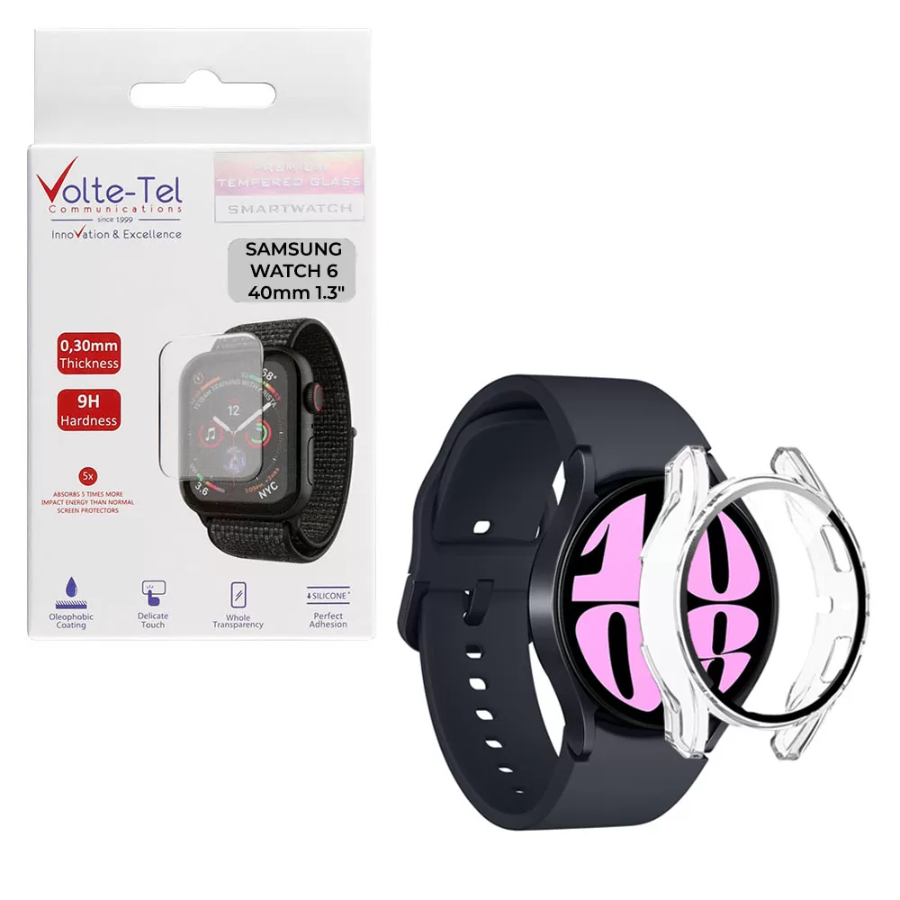 matshop.gr - VOLTE-TEL TEMPERED GLASS SAMSUNG WATCH 6 40mm 1.3" 9H 0.30mm PC EDGE COVER WITH KEY 3D FULL GLUE FULL COVER TRANSPARENT