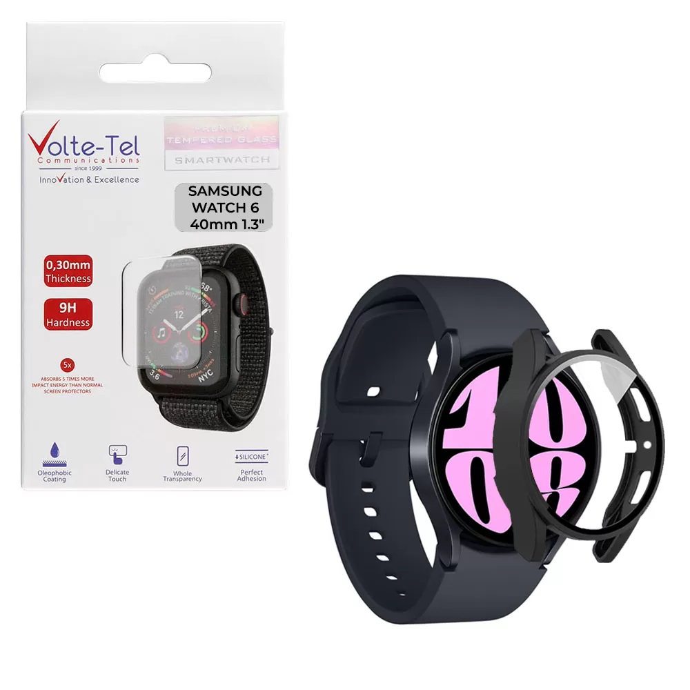 matshop.gr - VOLTE-TEL TEMPERED GLASS SAMSUNG WATCH 6 40mm 1.3" 9H 0.30mm PC EDGE COVER WITH KEY 3D FULL GLUE FULL COVER BLACK