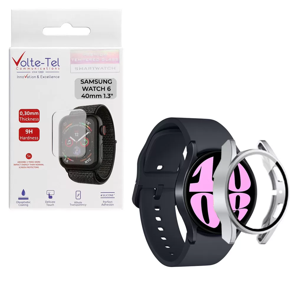 matshop.gr - VOLTE-TEL TEMPERED GLASS SAMSUNG WATCH 6 40mm 1.3" 9H 0.30mm PC EDGE COVER WITH KEY 3D FULL GLUE FULL COVER SILVER