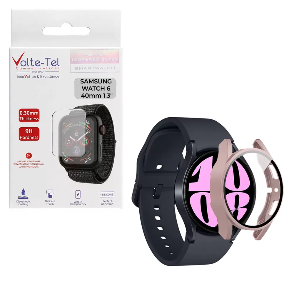 matshop.gr - VOLTE-TEL TEMPERED GLASS SAMSUNG WATCH 6 40mm 1.3" 9H 0.30mm PC EDGE COVER WITH KEY 3D FULL GLUE FULL COVER ROSE GOLD