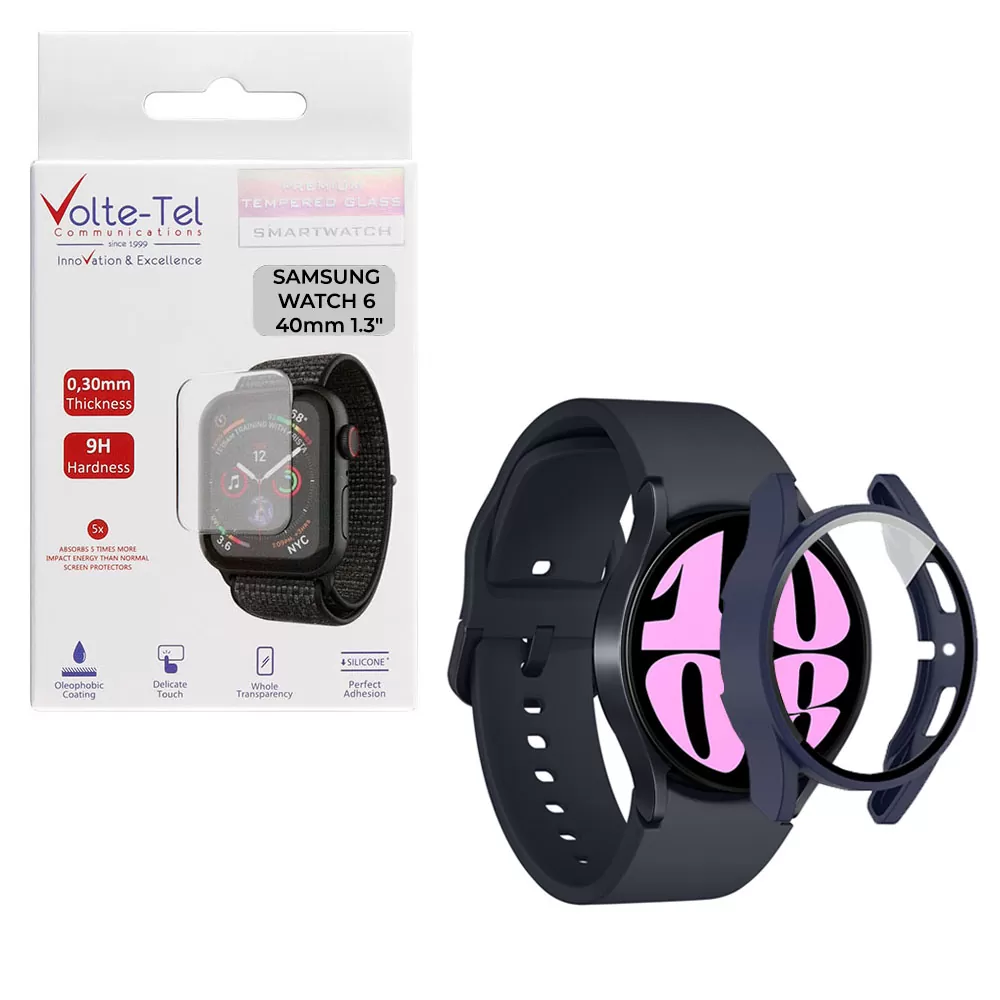 matshop.gr - VOLTE-TEL TEMPERED GLASS SAMSUNG WATCH 6 40mm 1.3" 9H 0.30mm PC EDGE COVER WITH KEY 3D FULL GLUE FULL COVER BLUE