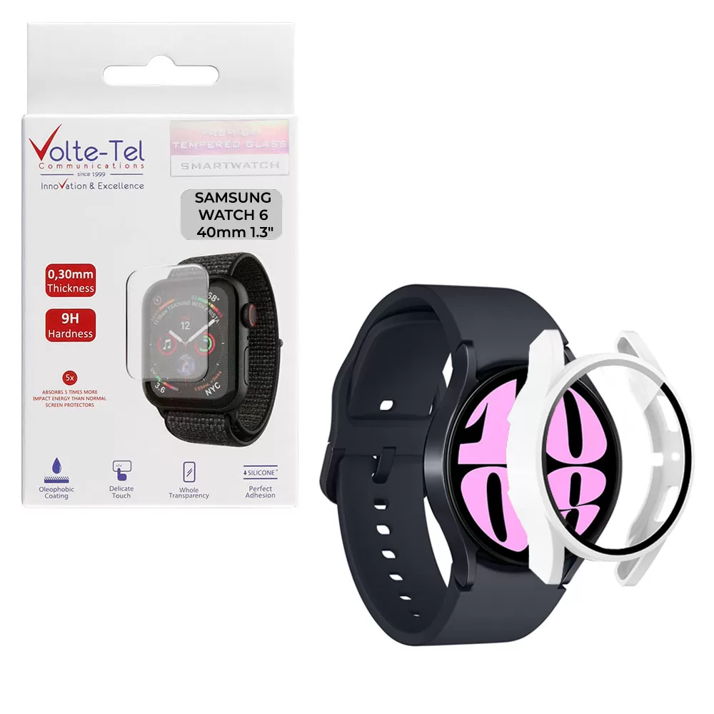 matshop.gr - VOLTE-TEL TEMPERED GLASS SAMSUNG WATCH 6 40mm 1.3" 9H 0.30mm PC EDGE COVER WITH KEY 3D FULL GLUE FULL COVER WHITE